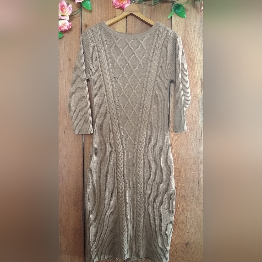 New York & Co sweater dress cable knit long sleeve midi taupe size small
